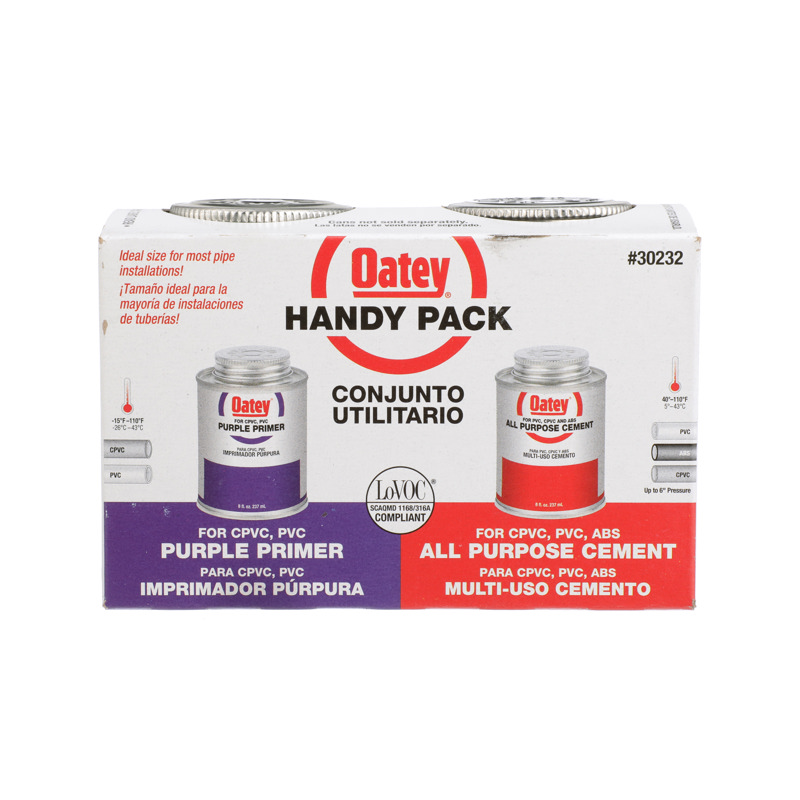 038753302324-01-01.jpg - Oatey® 8 oz. All-Purpose ABS, PVC and CPVC Clear Cement and Purple Primer Handy Pack - 42 Piece Sidestack