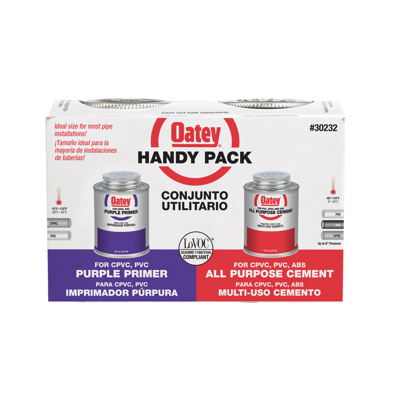 038753302324_H_001.jpg - Oatey® 8 oz. All-Purpose ABS, PVC and CPVC Clear Cement and Purple Primer Handy Pack - 42 Piece Sidestack