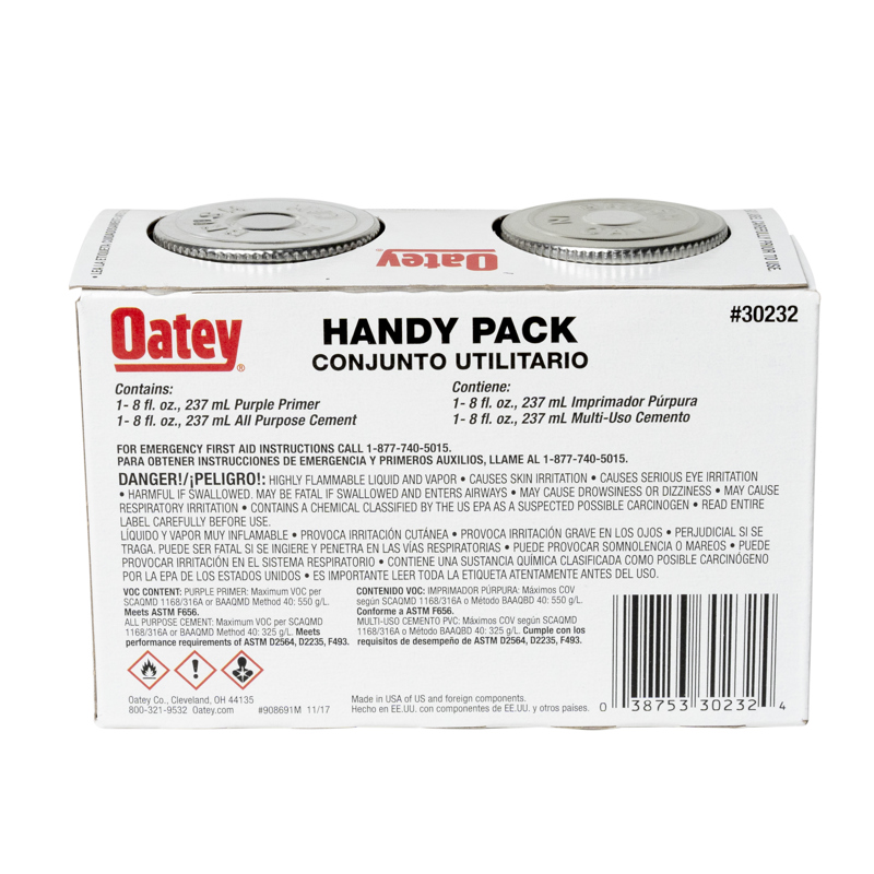 038753302324_P_001.jpg - Oatey® 8 oz. All-Purpose ABS, PVC and CPVC Clear Cement and Purple Primer Handy Pack - 42 Piece Sidestack