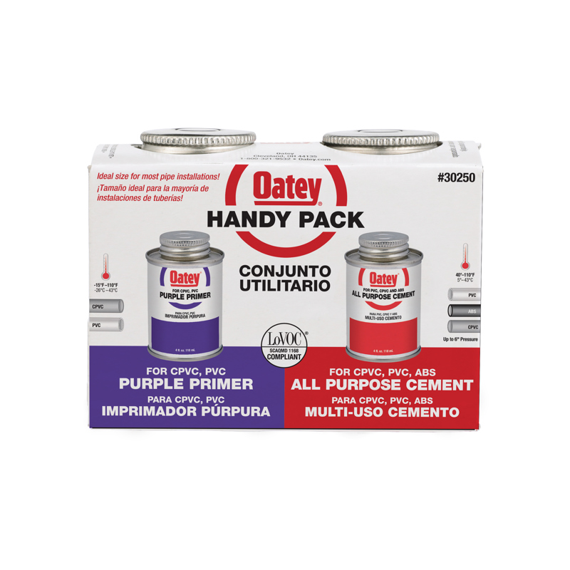 038753302508_H_001.jpg - Oatey® 4 oz. All-Purpose ABS, PVC and CPVC Clear Cement and Purple Primer Handy Pack