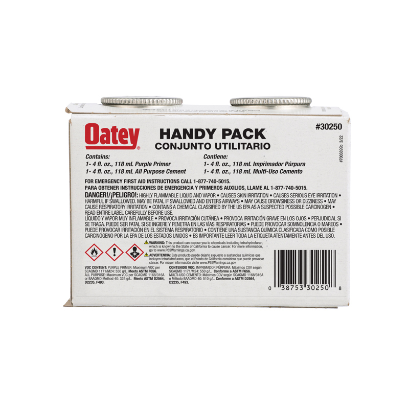 038753302508_W_001.jpg - Oatey® 4 oz. All-Purpose ABS, PVC and CPVC Clear Cement and Purple Primer Handy Pack