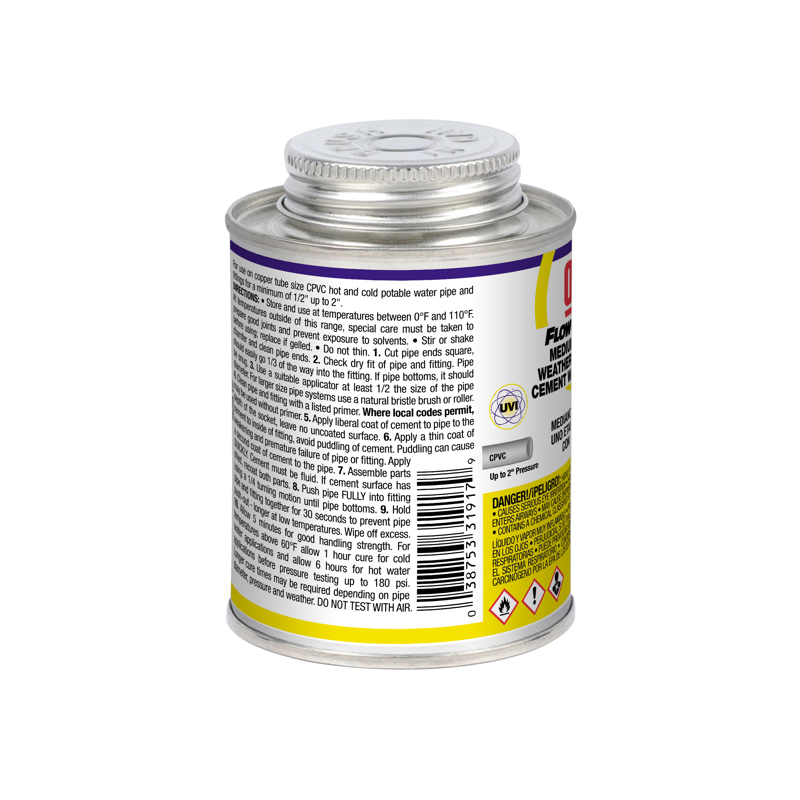 038753319179_I_001.jpg - Oatey® 16 oz. CPVC All Weather Flowguard Gold® 1-Step Yellow Cement with Ultraviolet Indicator