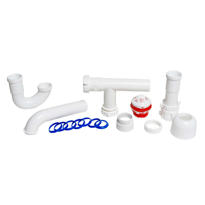 038753392394_H_001.jpg - Oatey® Sure-Vent® 1.5 in. 20 Branch, 8 Stack DFU Air Admittance Valve Installation Kit 1-1/2 in. P-trap, 6 in. extension tube, PVC threaded adapter & deep box flange