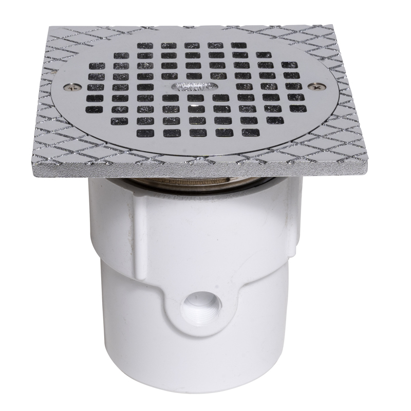 038753722672_H_001.jpg - Oatey® 3" or 4" PVC General Purpose Pipe Fit Drain w/ 6" Cast CHR Grate & Square Top