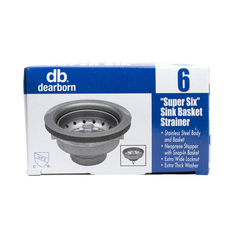 041193054531_P_001.jpg - Dearborn® Super 6 Sink Basket Strainer, Stainless Steel Body and Basket, Rubber Stopper w/ Metal Post, Extra Wide Locknut, Extra Thick Washer