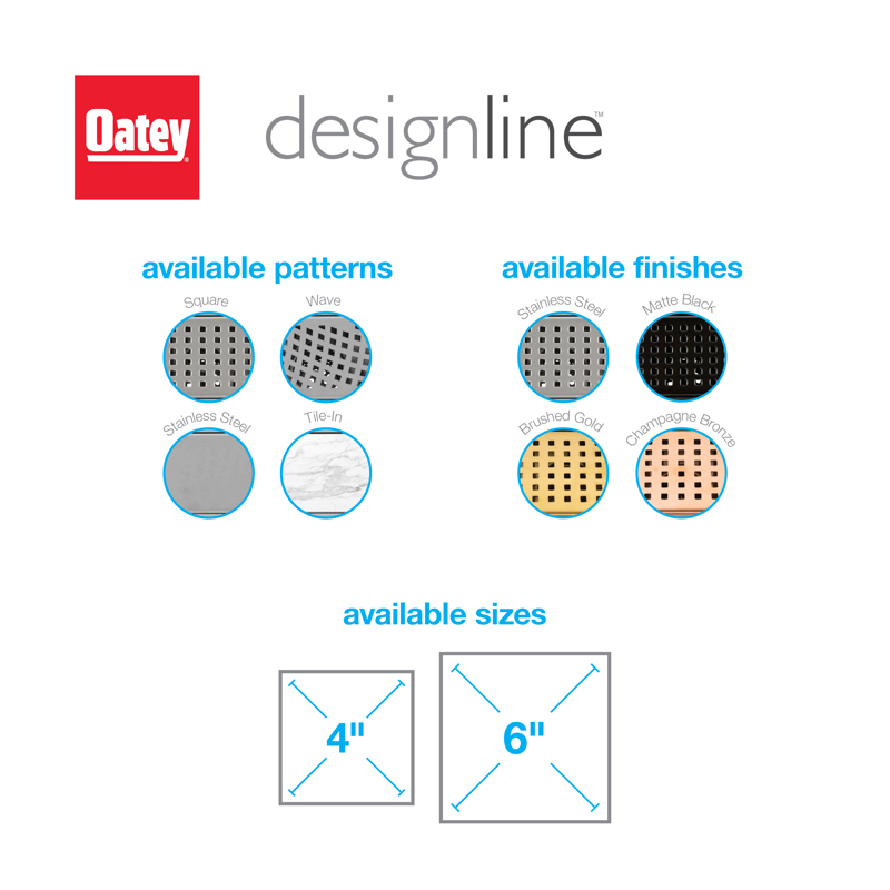 09_Designline_SquareDrain_INFO_001.jpg - Designline™ 4 X 4 in. Square Shower Drain with Square Matte Black Grate