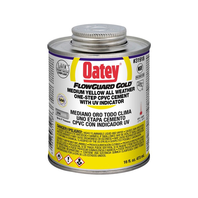 31918b_96246M_16oz-1.jpg - Oatey® 16 oz. CPVC All Weather Flowguard Gold® 1-Step Yellow Cement with Ultraviolet Indicator